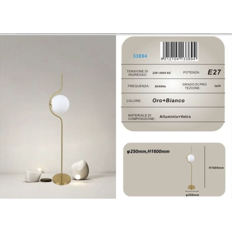 Lampada da terra Oro con sfera in vetro bianco...