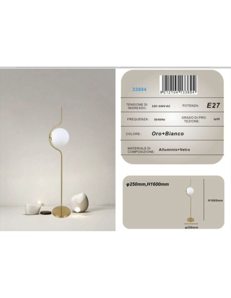Lampada da terra Oro con sfera in vetro bianco piantana design moderno per salotto camera