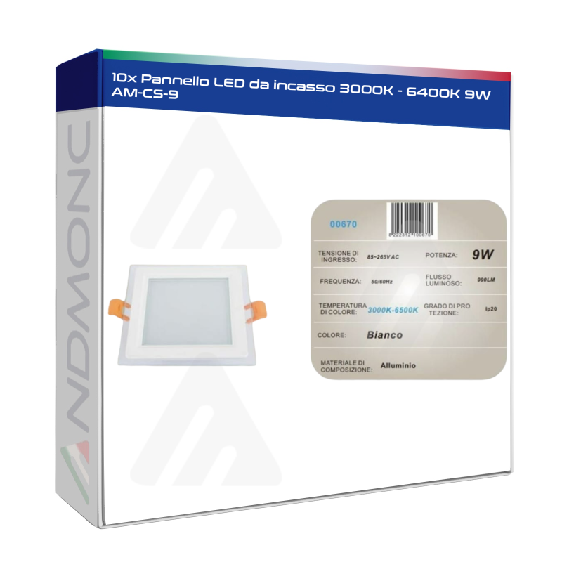 10x Pannello LED da incasso 3000K - 6400K 9W...