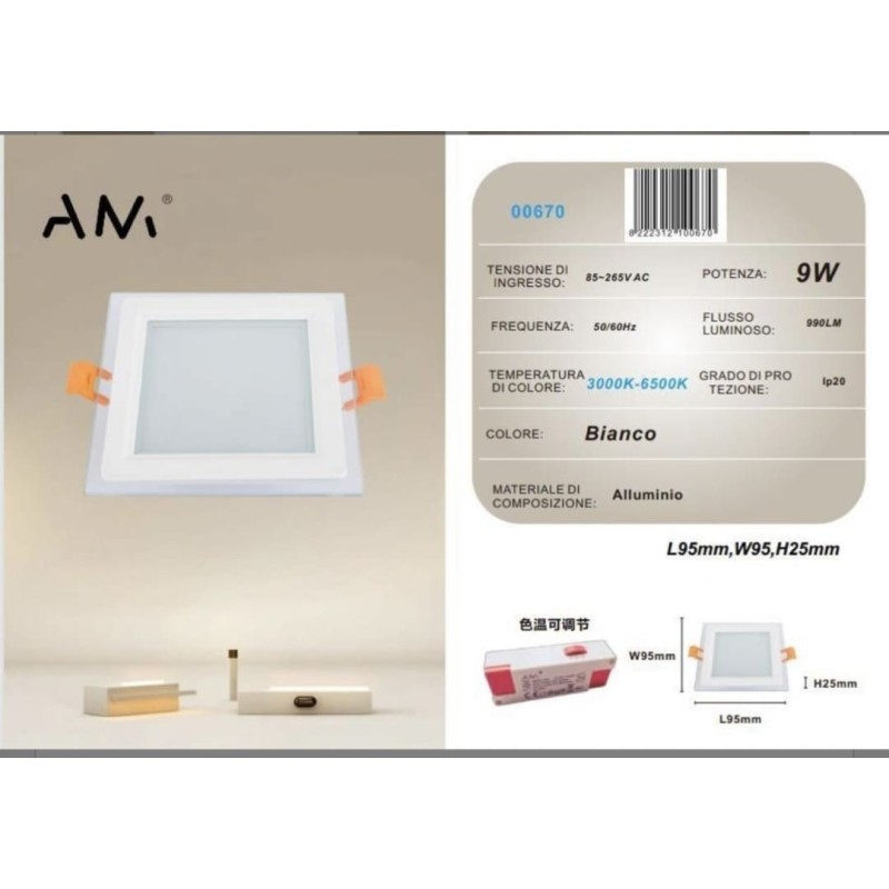 10x Pannello LED da incasso 3000K - 6400K 9W...