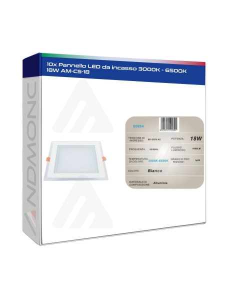 10x Pannello LED da incasso 3000K - 6500K 18W AM-CS-18
