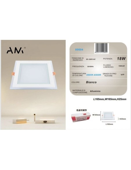 10x Pannello LED da incasso 3000K - 6500K 18W AM-CS-18