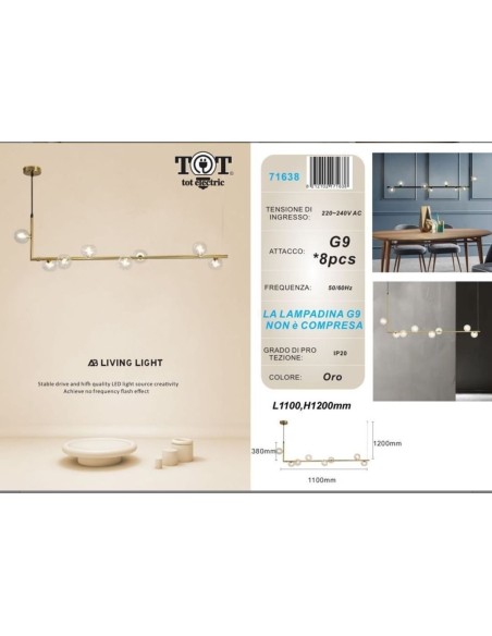 Lampadario ORO lineare moderno attacco G9 8 sfera in vetro trasparente