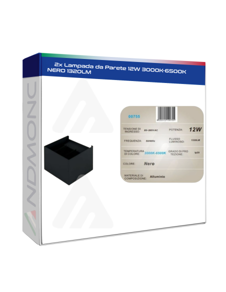 2x Lampada da Parete 12W 3000K-6500K Nero 1320LM
