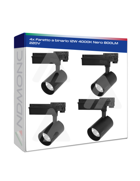 4x faretti a Binario 12W 4000K NERO 800lm 220V