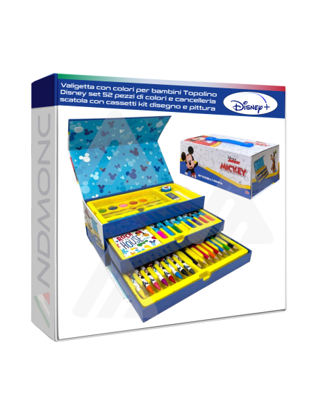 Valigetta con colori per bambini Topolino Disney set 52 pezzi di colori e cancelleria scatola con cassetti kit disegno e pittura