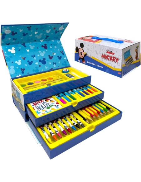 Valigetta con colori per bambini Topolino Disney set 52 pezzi di colori e cancelleria scatola con cassetti kit disegno e pittura