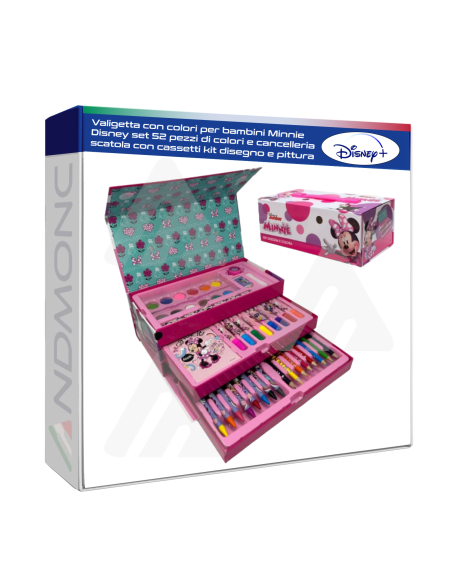 Valigetta con colori per bambini Minnie Disney set 52 pezzi di colori e cancelleria scatola con cassetti kit disegno e pittura