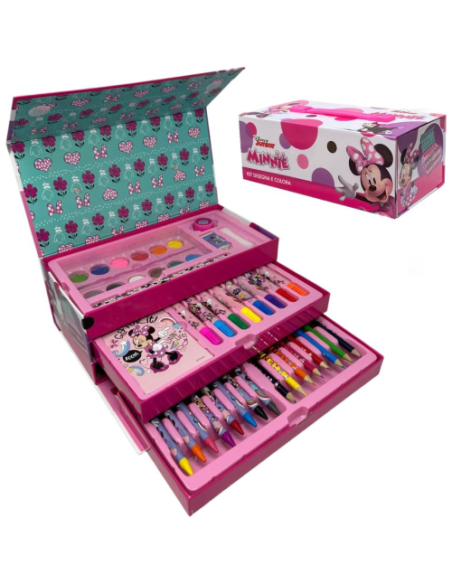 Valigetta con colori per bambini Minnie Disney set 52 pezzi di colori e cancelleria scatola con cassetti kit disegno e pittura