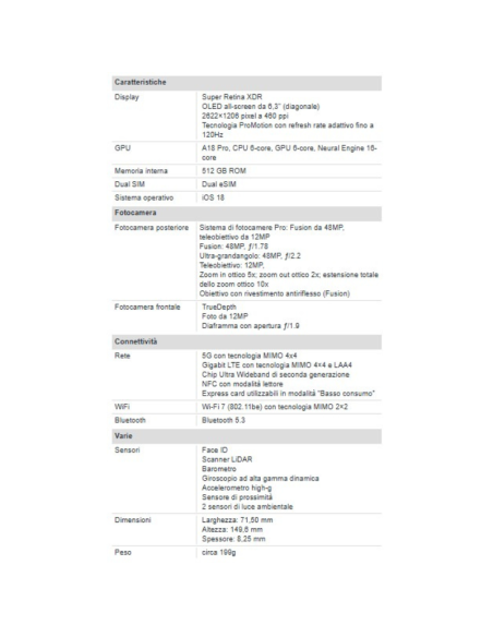 Apple iPhone 16 Pro 512 GB 6.3" Natural Titanium EU Nuovo Ufficiale