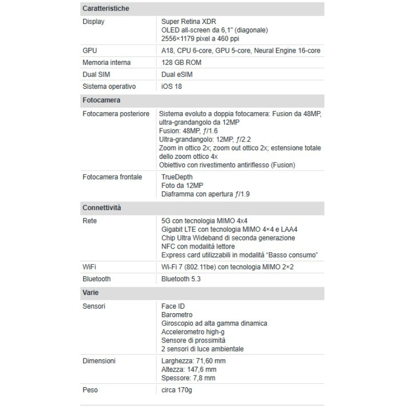 Apple iPhone 16 128GB 6.1" White Nuovo Ufficiale
