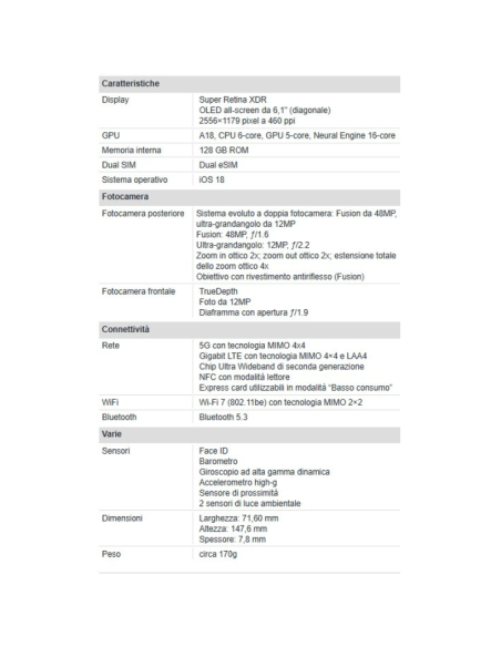 Apple iPhone 16 128GB 6.1" White Nuovo Ufficiale