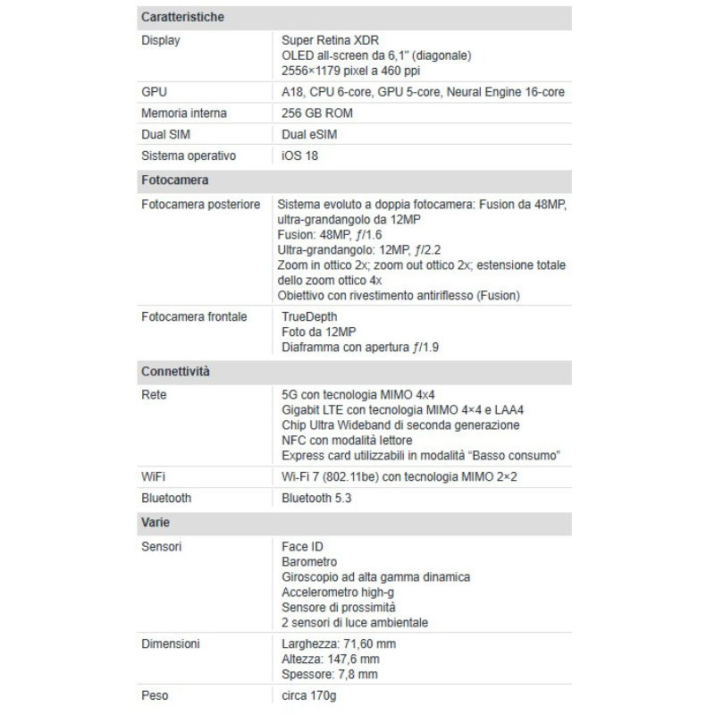Apple iPhone 16 256GB 6.1" White Nuovo Ufficiale