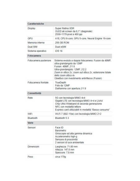 Apple iPhone 16 256GB 6.1" White Nuovo Ufficiale