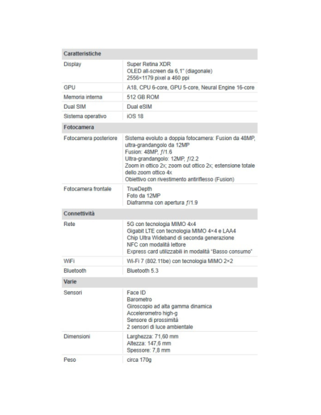 Apple iPhone 16 512GB 6.1" White Nuovo Ufficiale