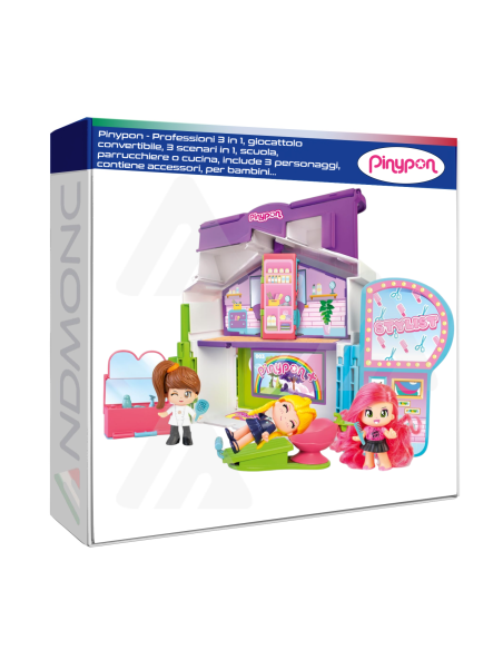 Pinypon - Professioni 3 in 1, giocattolo convertibile, 3 scenari in 1, scuola, parrucchiere o cucina
