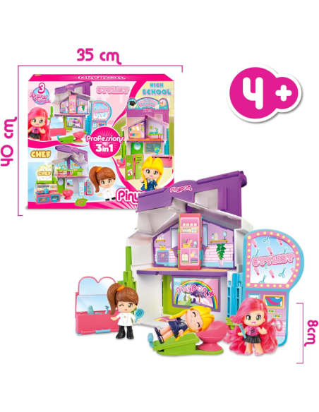 Pinypon - Professioni 3 in 1, giocattolo convertibile, 3 scenari in 1, scuola, parrucchiere o cucina