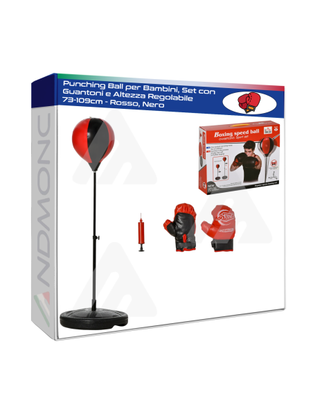Punching Ball per Bambini, Set con Guantoni e Altezza Regolabile 73-109cm - Rosso, Nero