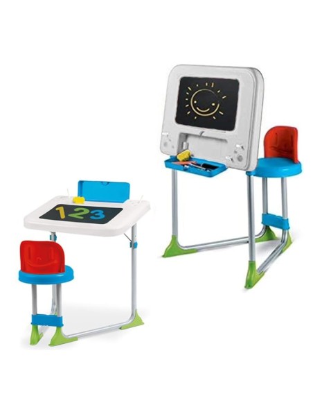Banco Scuola 2x1 con Lavagna – Scrivania per Bambini in Metallo 63×72×73 cm | Set Sedia + Tavolo Educativo 3+