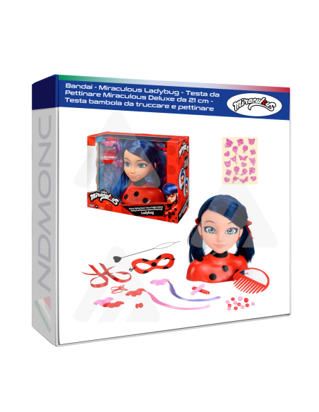 Bandai - Miraculous Ladybug - Testa da Pettinare Miraculous Deluxe da 21 cm - Testa bambola da truccare e pettinare