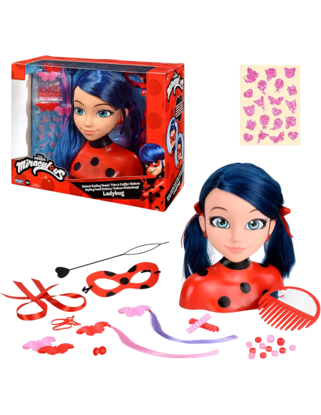 Bandai - Miraculous Ladybug - Testa da Pettinare Miraculous Deluxe da 21 cm - Testa bambola da truccare e pettinare