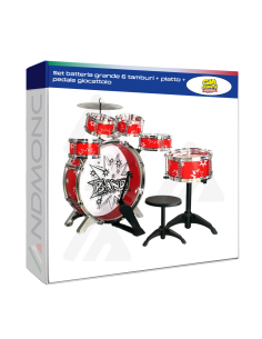 Set batteria grande 6 tamburi + piatto + pedale giocattolo