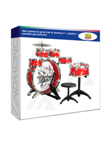Set batteria grande 6 tamburi + piatto + pedale giocattolo
