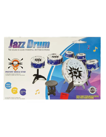 Set di batteria 6 tamburi e piatti, con panca, in scatola, 2 colori - giocattolo