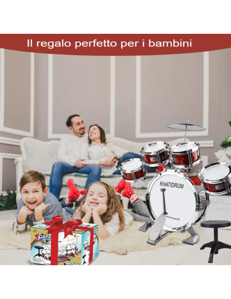 Batteria per Bambini, Giocattoli Batteria Jazz per Bambini 5 tamburi con Sgabello, Strumenti Musicali GIOCATTOLO