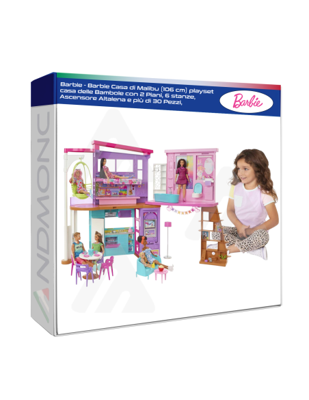 Barbie - Barbie Casa di Malibu (106 cm) playset casa delle Bambole con 2 Piani, 6 stanze, Ascensore Altalena e più di 30 Pezzi