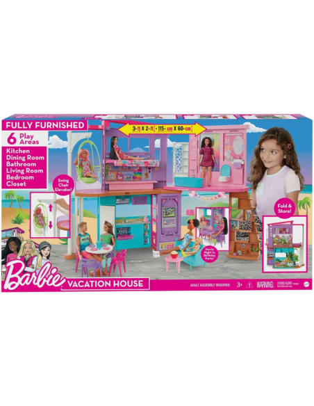 Barbie - Barbie Casa di Malibu (106 cm) playset casa delle Bambole con 2 Piani, 6 stanze, Ascensore Altalena e più di 30 Pezzi