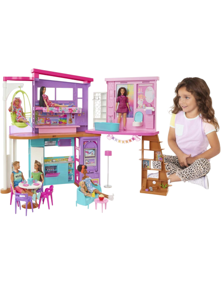 Barbie - Barbie Casa di Malibu (106 cm) playset casa delle Bambole con 2 Piani, 6 stanze, Ascensore Altalena e più di 30 Pezzi