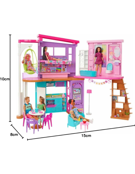 Barbie - Barbie Casa di Malibu (106 cm) playset casa delle Bambole con 2 Piani, 6 stanze, Ascensore Altalena e più di 30 Pezzi