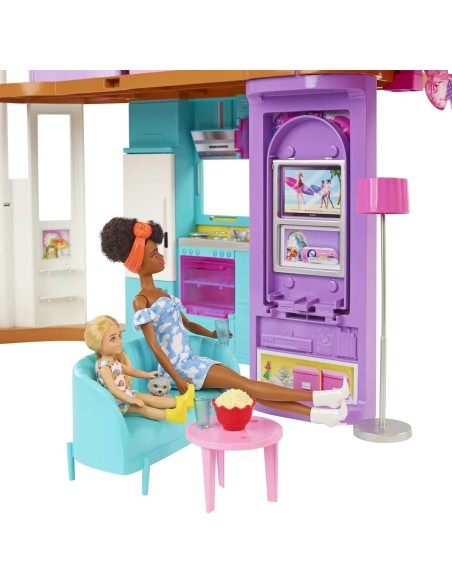 Barbie - Barbie Casa di Malibu (106 cm) playset casa delle Bambole con 2 Piani, 6 stanze, Ascensore Altalena e più di 30 Pezzi
