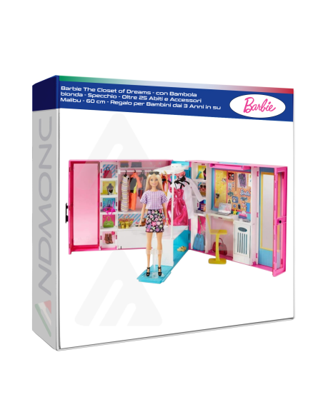 Barbie The Closet of Dreams - con Bambola bionda - Specchio - Oltre 25 Abiti e Accessori Malibu - 60 cm