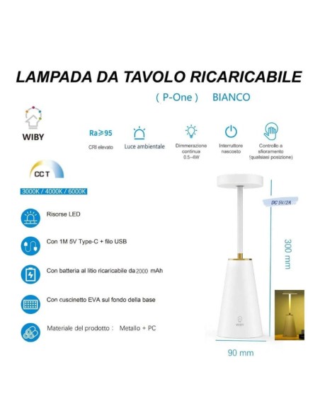 Lampada da Tavolo smart ricaricabile dimmerabile touch Bianco