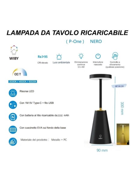 5x Lampada da Tavolo smart ricaricabile dimmerabile touch Nero