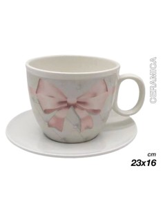 Tazzone Portacialde in Ceramica con fiocco rosa 23x16cm 2
