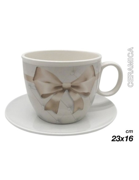 Tazzone Portacialde in Ceramica con fiocco tortora 23x16cm