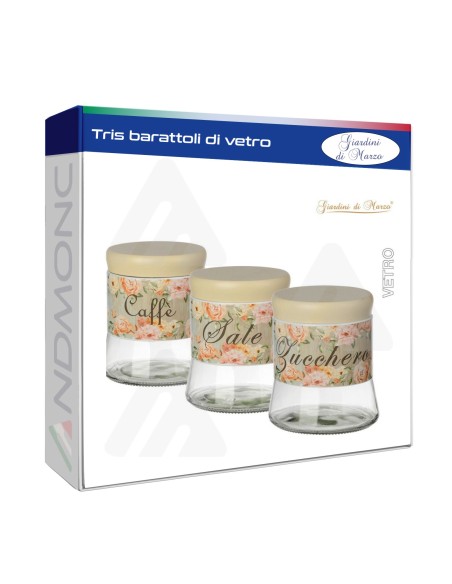Tris Barattoli Vetro 650ML design floreale 11,5x11,5x13,5cm