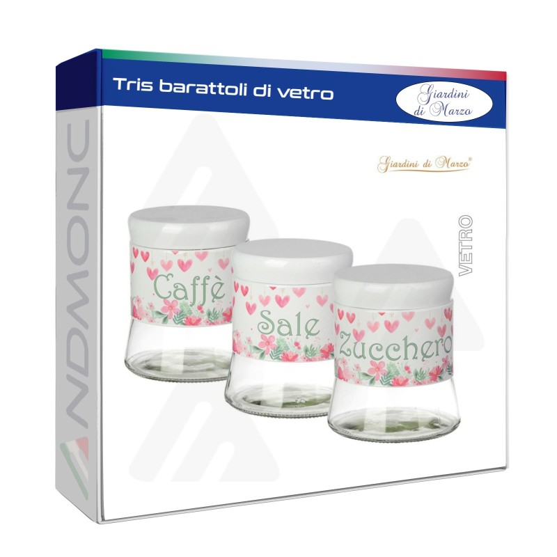 Tris Barattoli Vetro 650ML design cuori 11,5x11,5x13,5cm