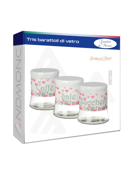 Tris Barattoli Vetro 650ML design cuori 11,5x11,5x13,5cm