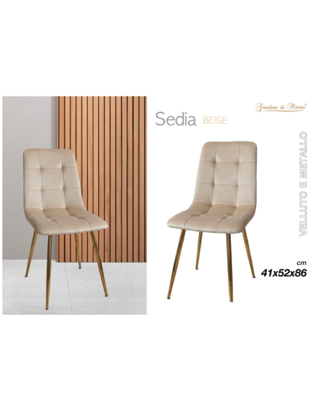 Sedia in Velluto e Metallo Beige 41x52x86cm