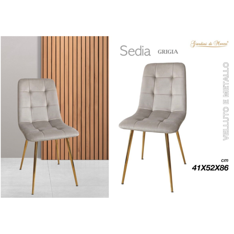 Sedia in Velluto e Metallo Grigia 41x52x86cm