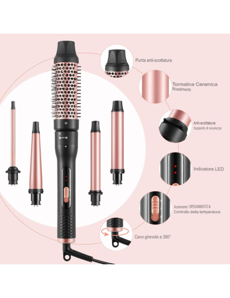 Ferro arricciacapelli 5 in 1, in ceramica, con spazzola per ricci multifunzione, con diversi accessori
