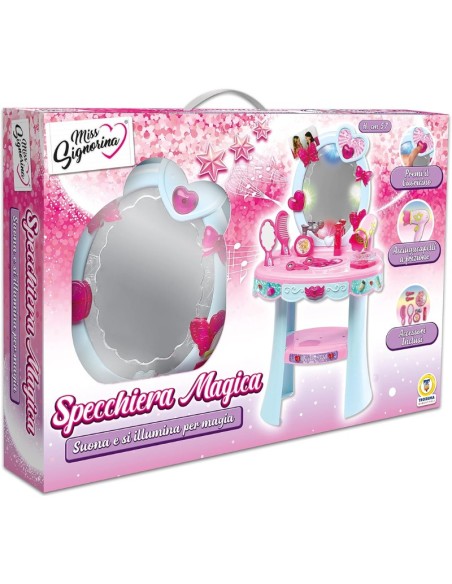 Specchiera magica luminosa e musicale, premi il cuoricino, asciugacapelli a frizione, tanti accessori inclusi