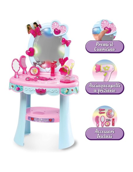 Specchiera magica luminosa e musicale, premi il cuoricino, asciugacapelli a frizione, tanti accessori inclusi
