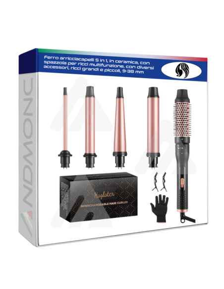 Ferro arricciacapelli 5 in 1, in ceramica, con spazzola per ricci multifunzione, con diversi accessori