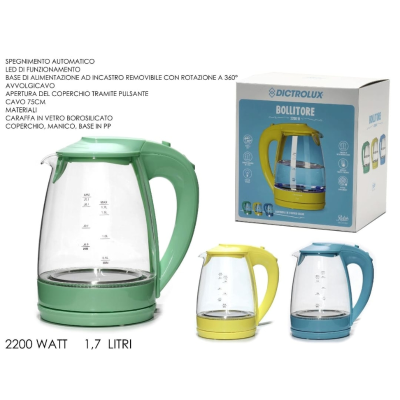Bollitore in Vetro 1,7 Litri 2200W Dictrolux