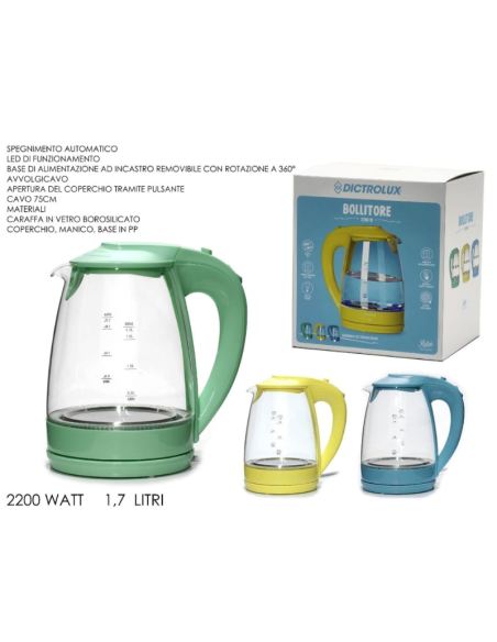 Bollitore in Vetro 1,7 Litri 2200W Dictrolux